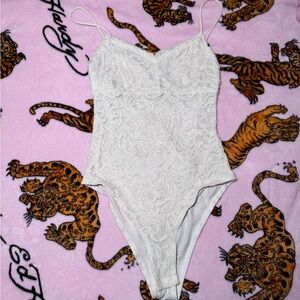 White Lace Bodysuit with Spaghetti Straps - Women Intimates